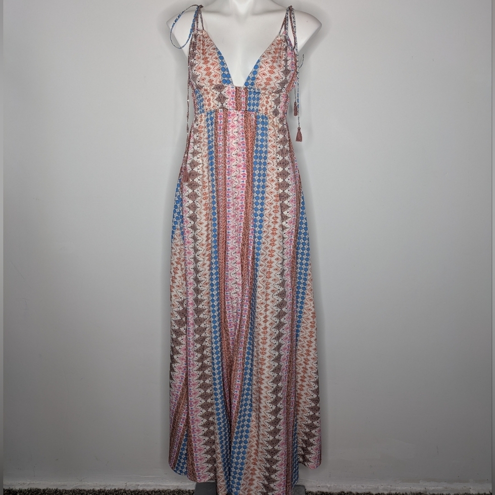 Lulus Maxin Relaxin Colorful Geometric Stripe Plunge V Neck Strappy Maxi Dress M